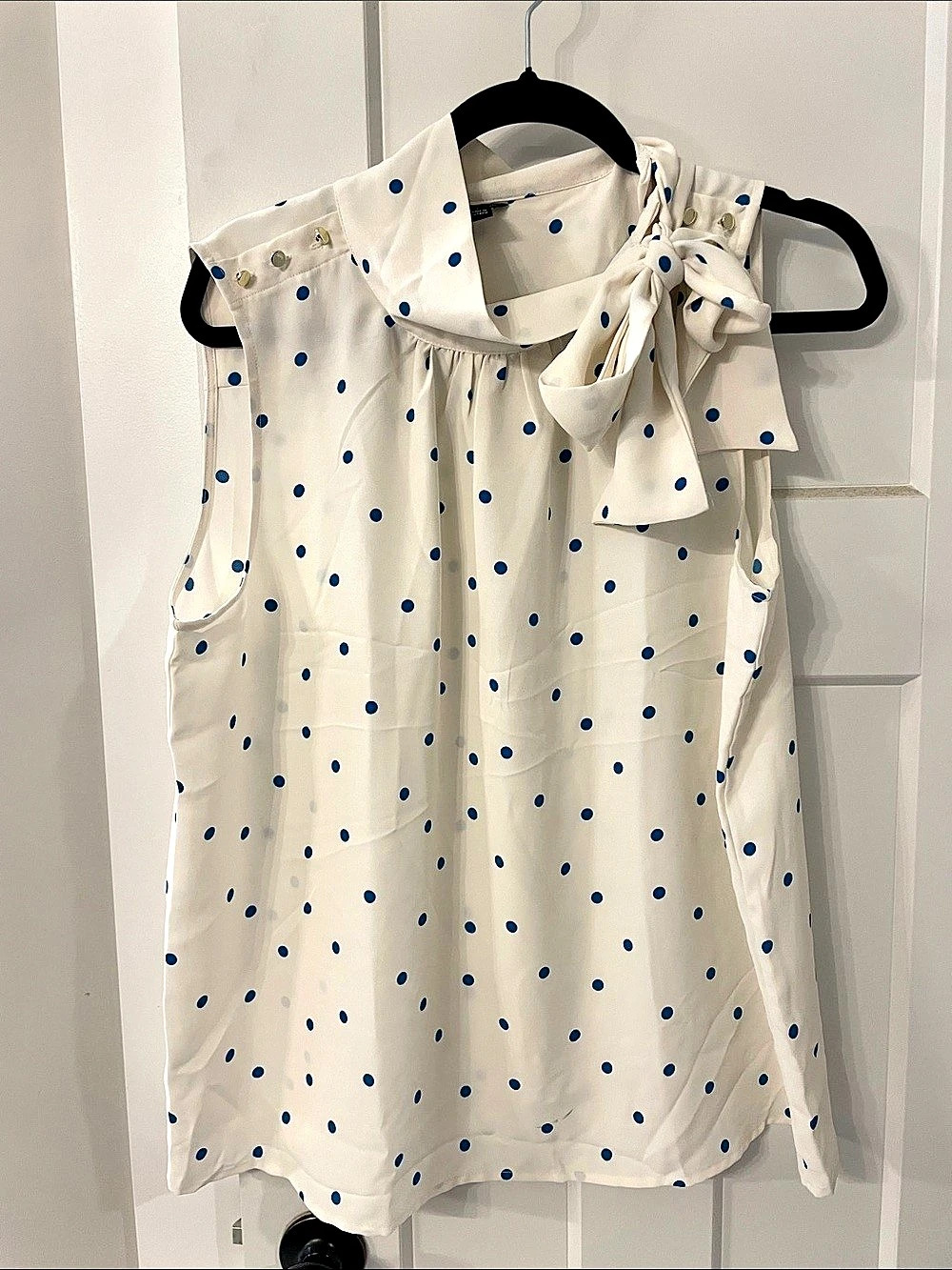 Ann Taylor Women's Polka Dot Tie-Neck Blouse in White & Teal Like New